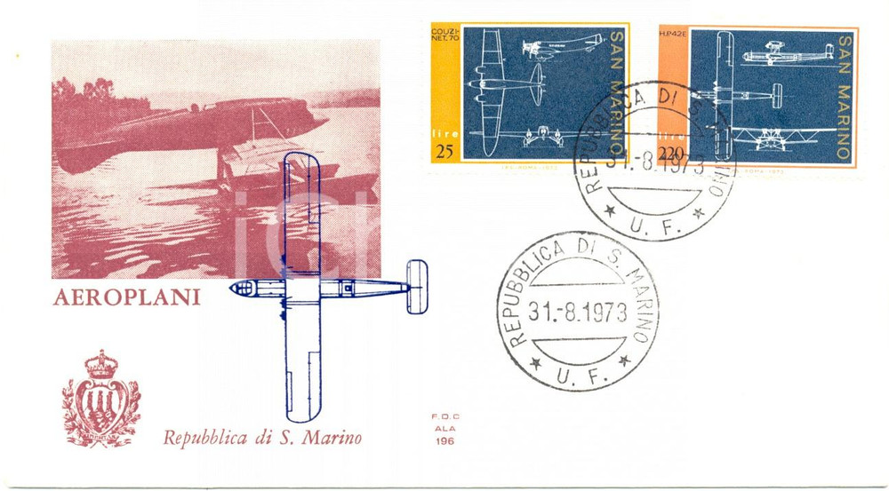Materiale pubblicitario d’epoca 1973 REPUBBLICA SAN MARINO Aeroplani con annullo BUSTA PRIMO GIORNO 1