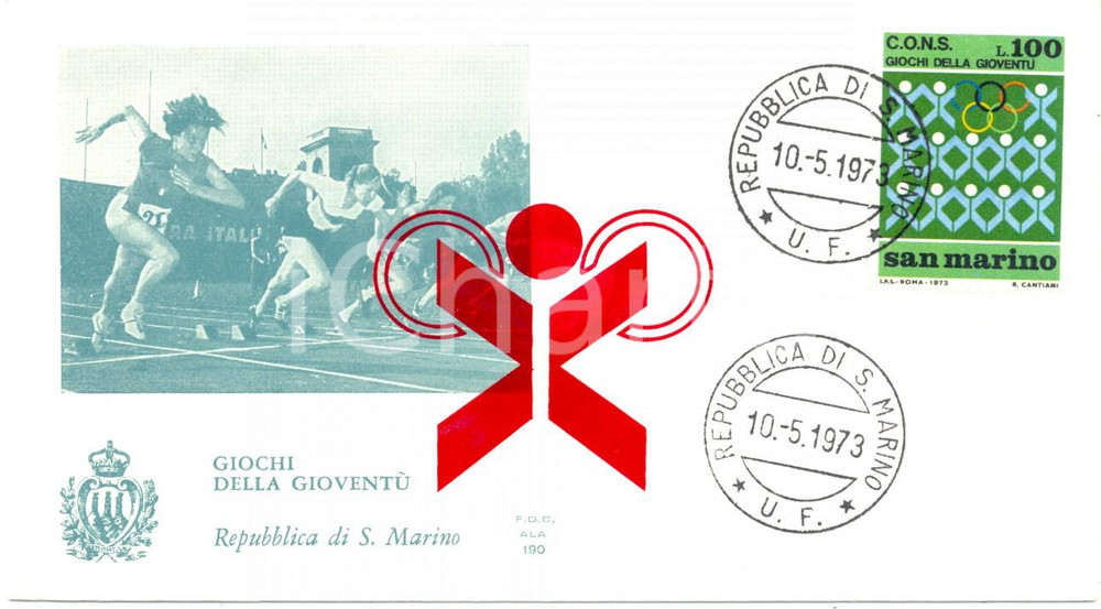 Materiale pubblicitario d’epoca 1973 REPUBBLICA SAN MARINO Giochi della Gioventu  con annullo BUSTA PRIMO GIORNO 1