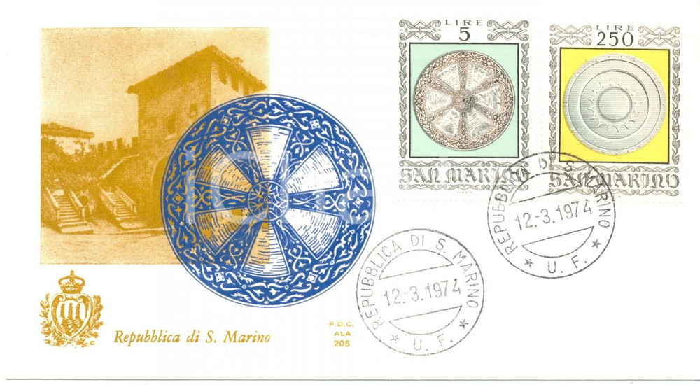 Materiale pubblicitario d’epoca 1974 REPUBBLICA SAN MARINO Dittico scudi con annullo BUSTA PRIMO GIORNO 1