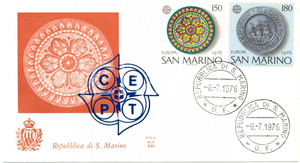 Materiale pubblicitario d’epoca 1976 REPUBBLICA SAN MARINO CEPT con annullo BUSTA PRIMO GIORNO 1
