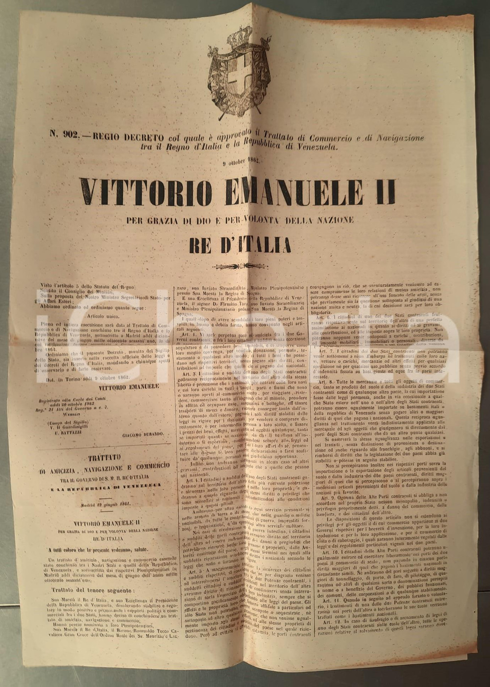 Documento originale, autentico 1862 REGNO D ITALIA Trattato commercio e navigazione VENEZUELA Manifesto 2 pp. 1