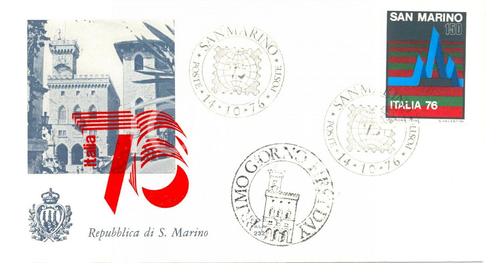 Materiale pubblicitario d’epoca 1976 REPUBBLICA SAN MARINO ITALIA 76 con annullo BUSTA PRIMO GIORNO 1