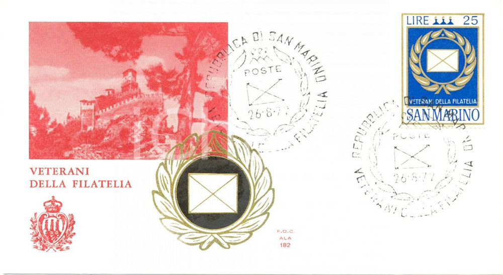 Materiale pubblicitario d’epoca 1977 REPUBBLICA SAN MARINO Veterani della filatelia annullo BUSTA PRIMO GIORNO 1