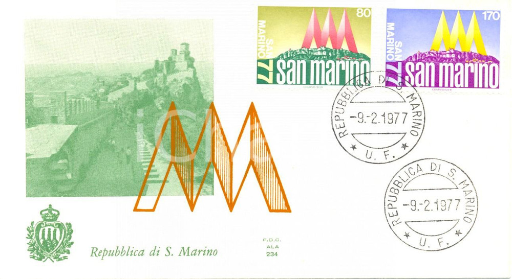 Materiale pubblicitario d’epoca 1977 REPUBBLICA SAN MARINO Veduta con annullo BUSTA PRIMO GIORNO 1
