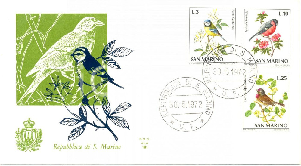Materiale pubblicitario d’epoca 1972 REPUBBLICA SAN MARINO Uccelli con annullo filatelico BUSTA PRIMO GIORNO 1