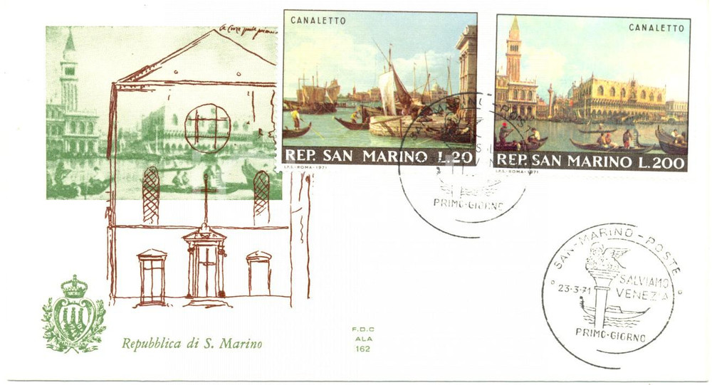 Materiale pubblicitario d’epoca 1971 REPUBBLICA SAN MARINO CANALETTO con annullo filatelico BUSTA PRIMO GIORNO 1