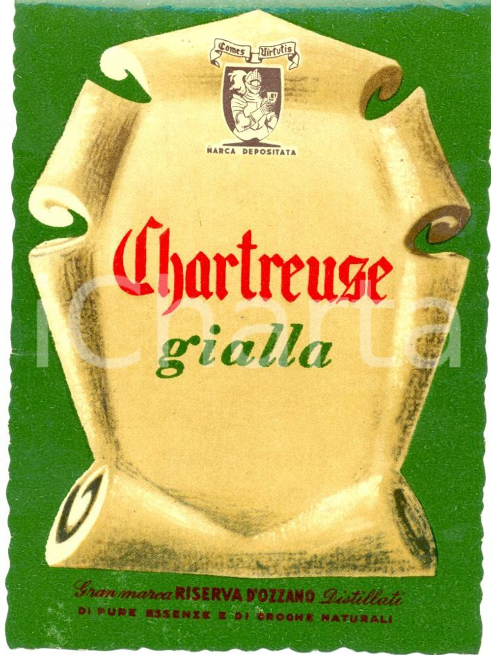 Materiale pubblicitario d’epoca 1970 ca OZZANO MONFERRATO AL CHARTREUSE GIALLA Riserva Ozzano Etichetta 1