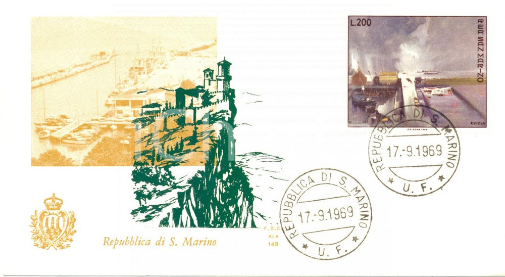 Materiale pubblicitario d’epoca 1969 REPUBBLICA SAN MARINO RICCIONE con annullo filatelico BUSTA PRIMO GIORNO 1
