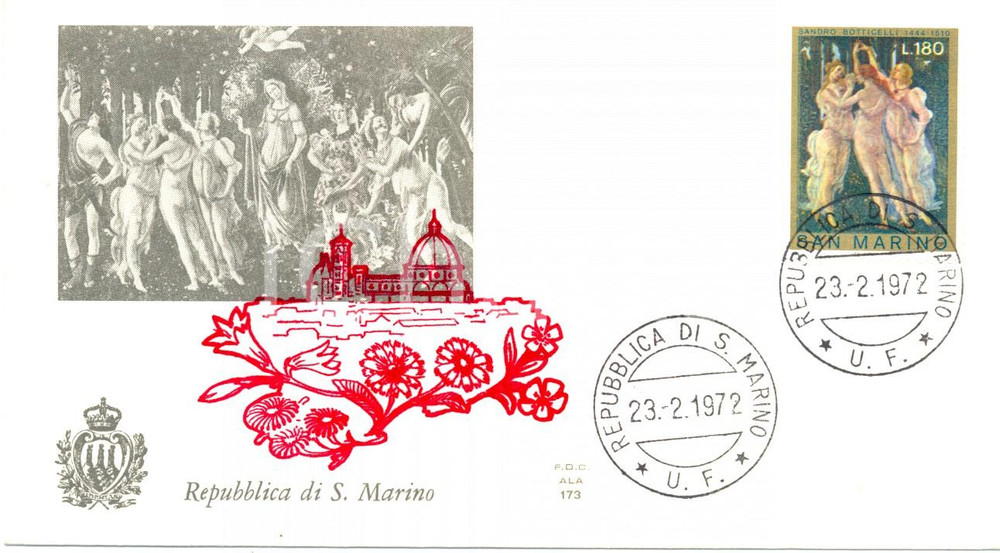 Materiale pubblicitario d’epoca 1972 REPUBBLICA SAN MARINO SANDRO BOTTICELLI con annullo BUSTA PRIMO GIORNO 1