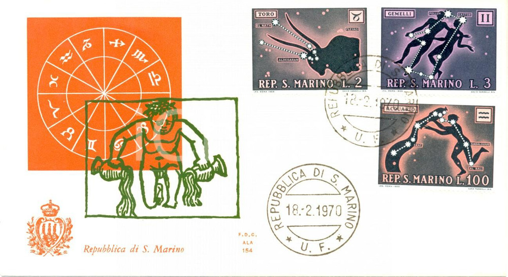 Materiale pubblicitario d’epoca 1970 REPUBBLICA SAN MARINO Varietà COSTELLAZIONI con annullo BUSTA PRIMO GIORNO 1