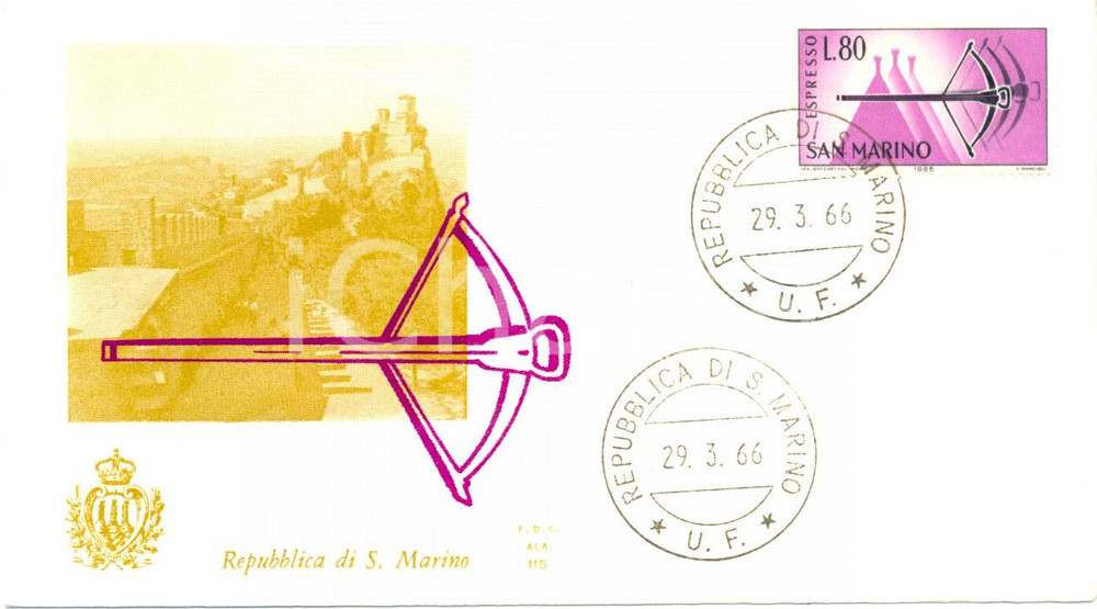 Materiale pubblicitario d’epoca 1966 REPUBBLICA SAN MARINO BALESTRA con annullo filatelico BUSTA PRIMO GIORNO 1