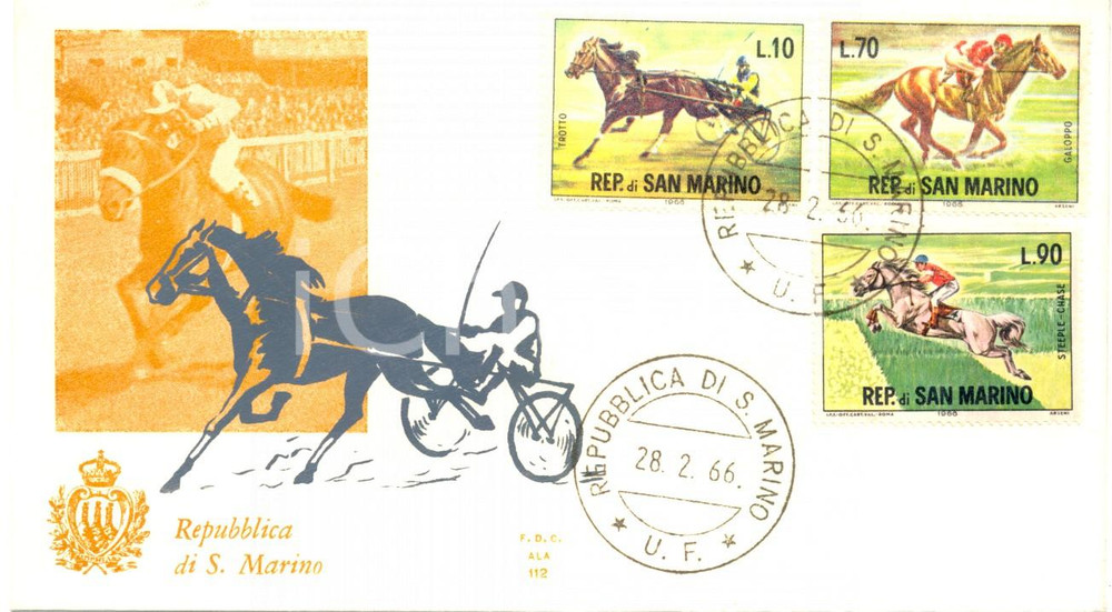 Materiale pubblicitario d’epoca 1966 REPUBBLICA SAN MARINO IPPICA ed EQUITAZIONE con annullo BUSTA PRIMO GIORNO 1