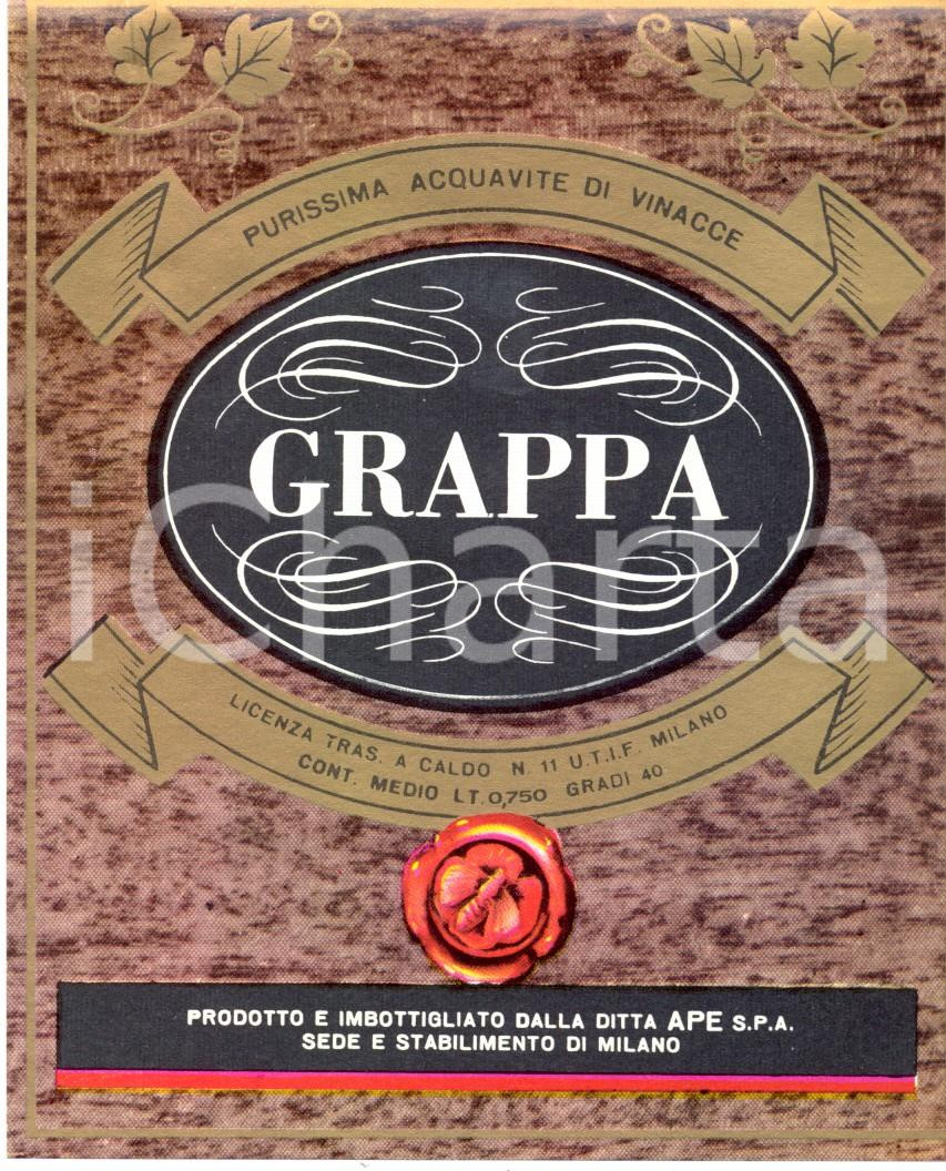 Materiale pubblicitario d’epoca 1970 ca MILANO GRAPPA Purissima acquavite di vinacce APE ETICHETTA ILLUSTRATA 1