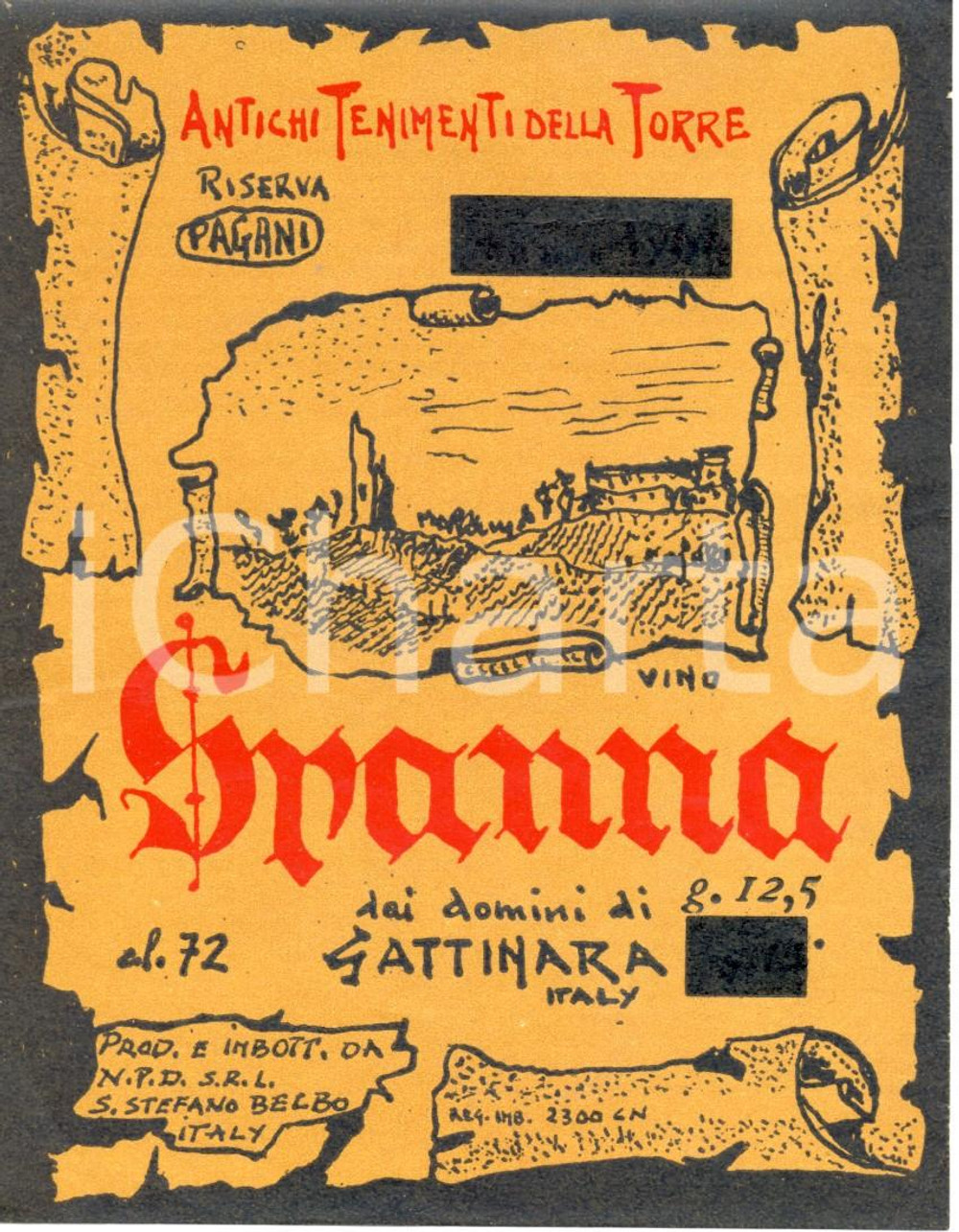 Materiale pubblicitario d’epoca 1970 ca SANTO STEFANO BELBO CN Vino SPANNA Distilleria NPD Etichetta ILLUSTRATA 1