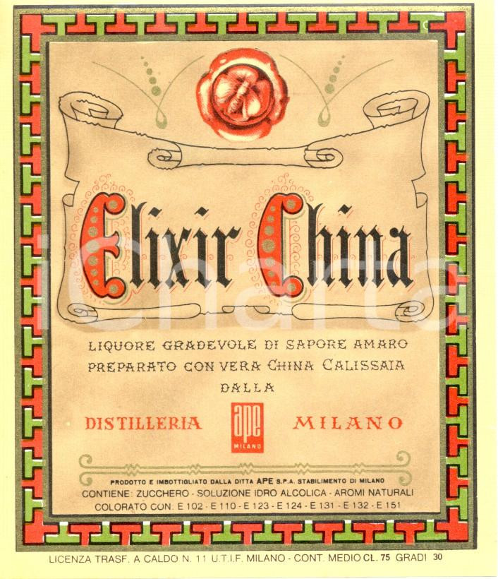 Materiale pubblicitario d’epoca 1970 ca MILANO ELIXIR CHINA LIQUORE Distilleria APE Etichetta pubblicitaria 1