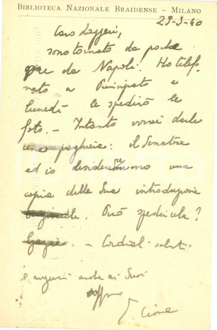 Autografo originale 1940 MILANO BIBLIOTECA BRAIDENSE Domenico CIONE chiede introduzione a LAZZERI 1