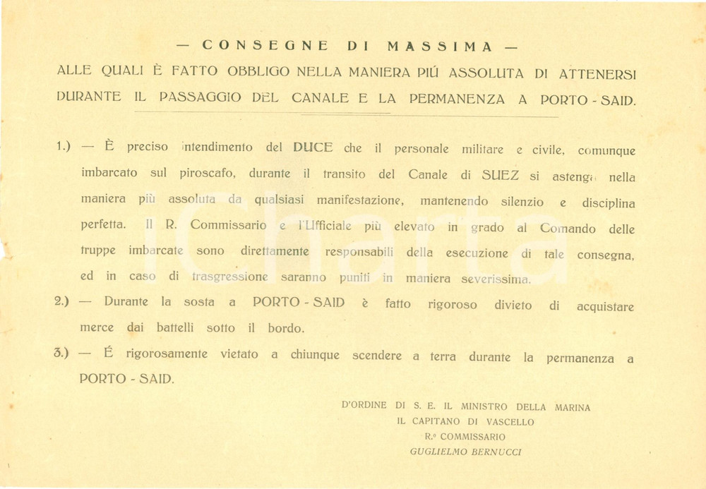 Documento originale, autentico 1935 ca PORTO SAID Obblighi passeggeri piroscafo per transito Canale di SUEZ 1