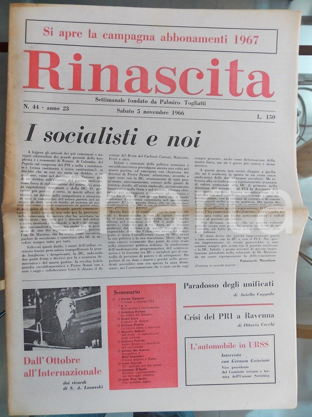 Giornale, rivista storica 1966 RINASCITA Giuliano PAJETTA La GRECIA torna a muoversi Giornale 1