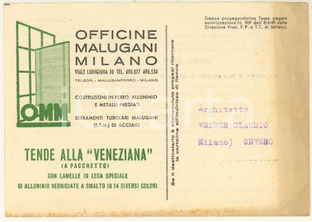 Documento originale, autentico 1949 MILANO Viale Lunigiana 10  Tende alla veneziana Officine MALUGANI Cartolina 1