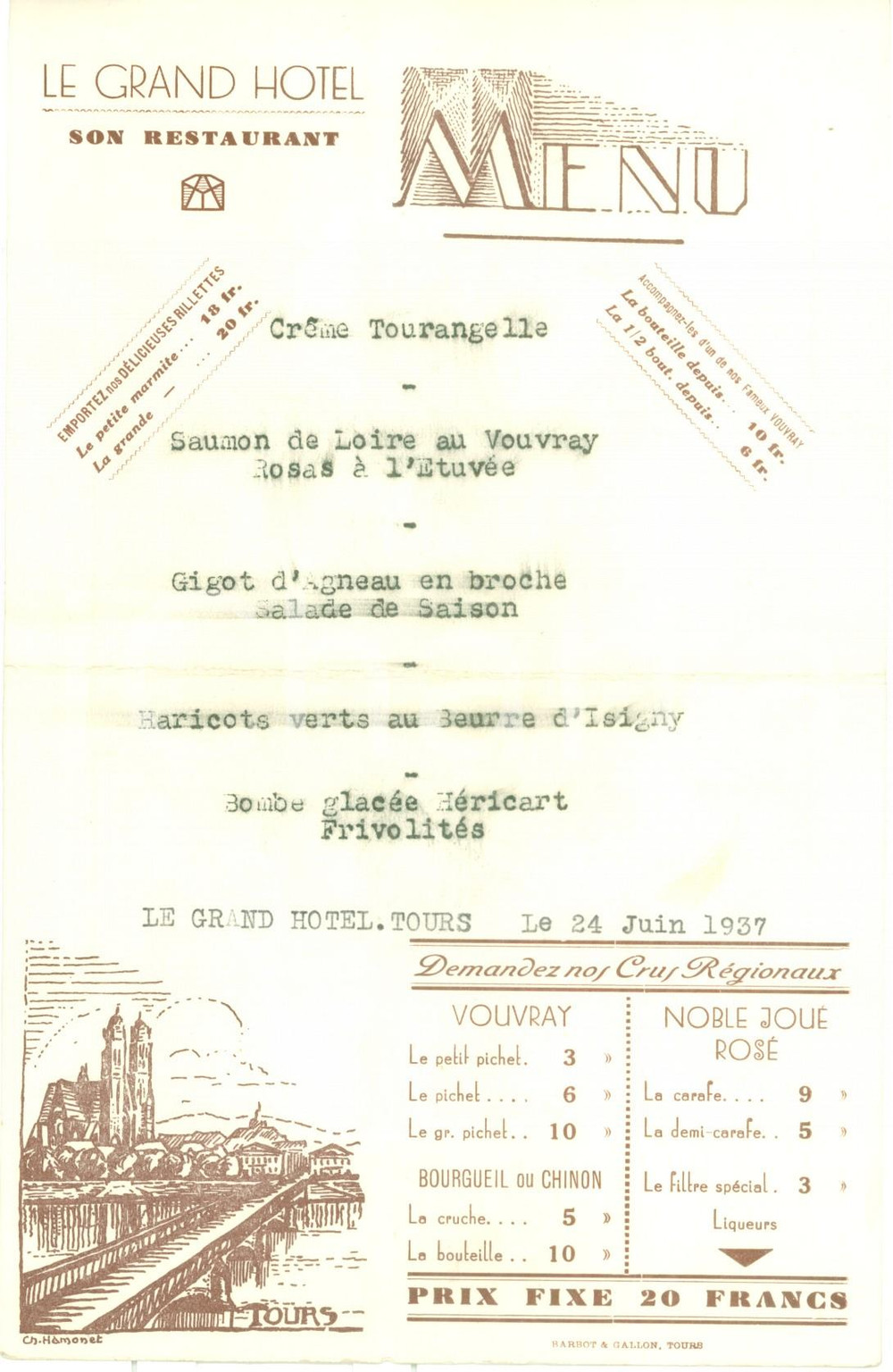 Oggetto da collezione cartaceo 1937 TOURS Menù del GRAND HOTEL ILLUSTRATO con mappa Chateaux de TOURAINE 1