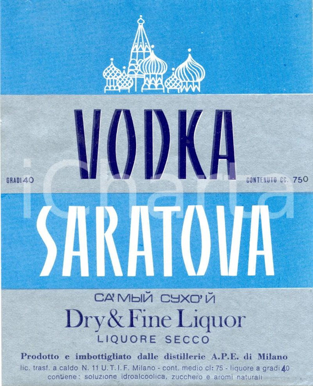 Materiale pubblicitario d’epoca 1970 ca MILANO Vodka SARATOVA Liquore secco Distilleria APE ETICHETTA ILLUSTRATA 1