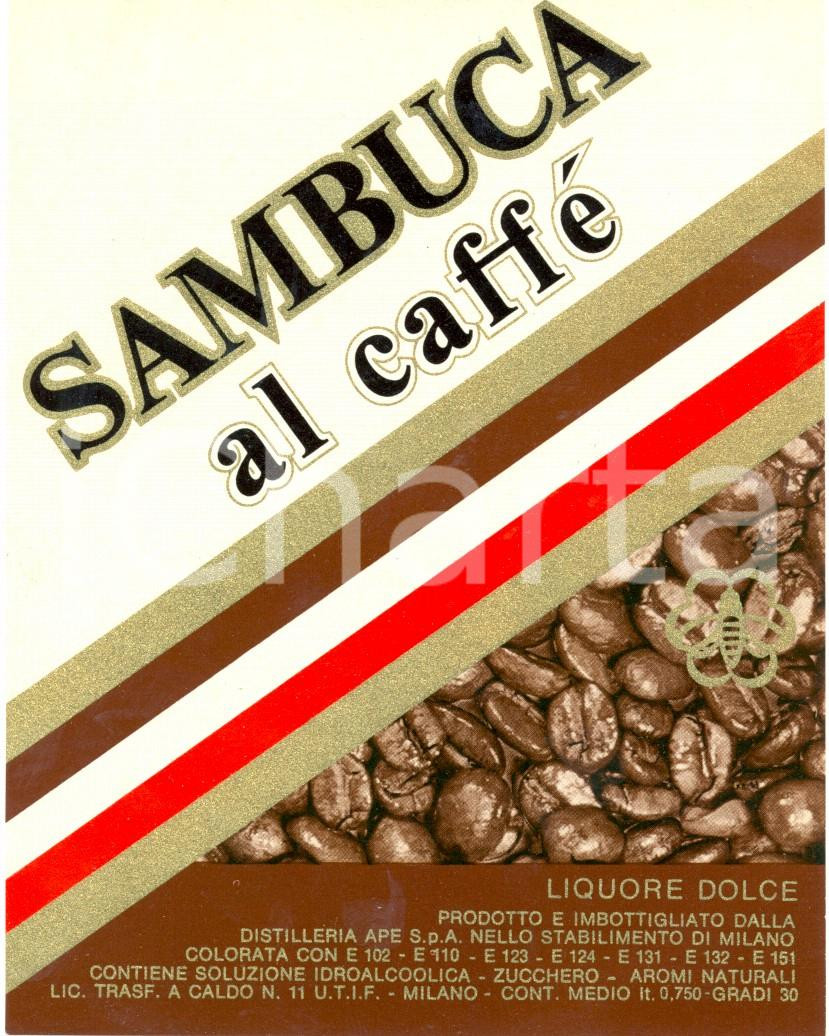 Materiale pubblicitario d’epoca 1970 ca MILANO SAMBUCA AL CAFFE  Liquore dolce ETICHETTA ILLUSTRATA 1