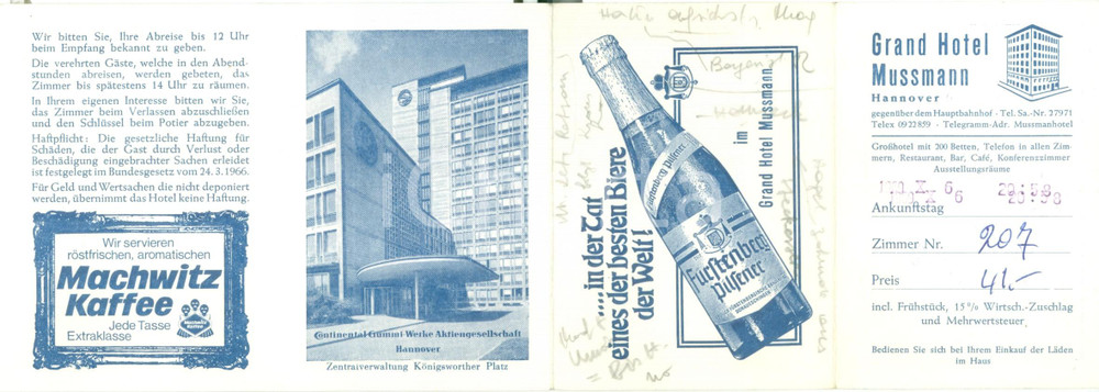 Materiale pubblicitario d’epoca 1969 HANNOVER Grand Hotel MUSSMANN Opuscolo turistico ILLUSTRATO con mappa 1