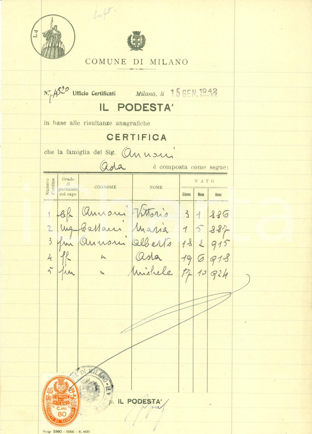 Documento originale, autentico 1942 MILANO Stato di famiglia di Ada ANNONI Documento 1
