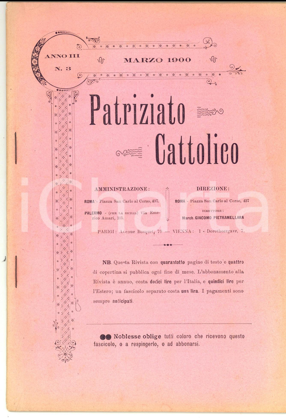 Giornale, rivista storica 1900 ROMA PATRIZIATO CATTOLICO Ricostituzione patriziato Rivista Anno III n°3 1