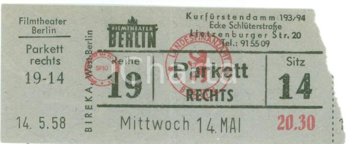 Oggetto da collezione cartaceo 1958 BERLIN DE Biglietto cinema FILMTHEATER Kurfürstendamm Biglietto platea 1