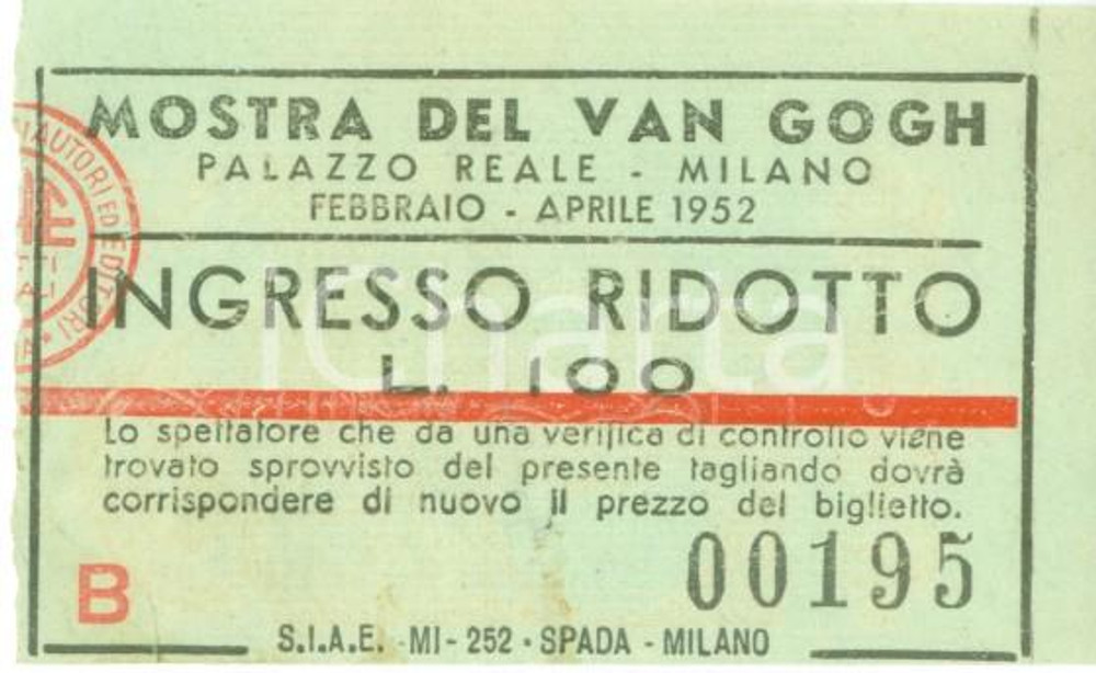 Oggetto da collezione cartaceo 1952 MILANO PALAZZO REALE Biglietto per Mostra VAN GOGH ingresso ridotto 1