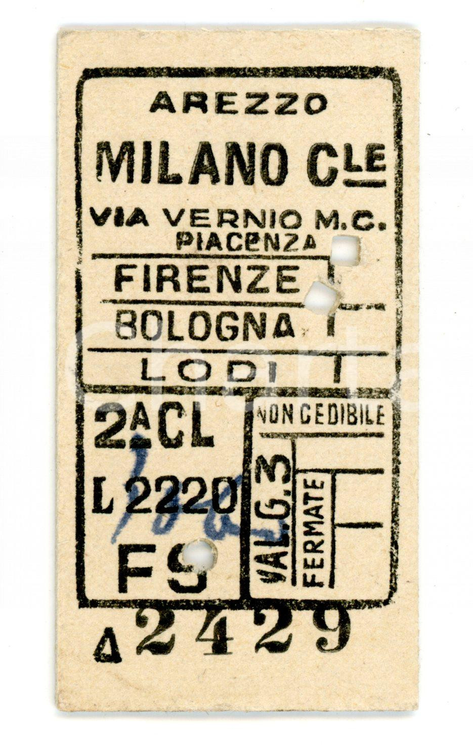 Documento originale, autentico 1950 AREZZO FF. SS. Biglietto ferroviario per MILANO CENTRALE via VERNIO 1