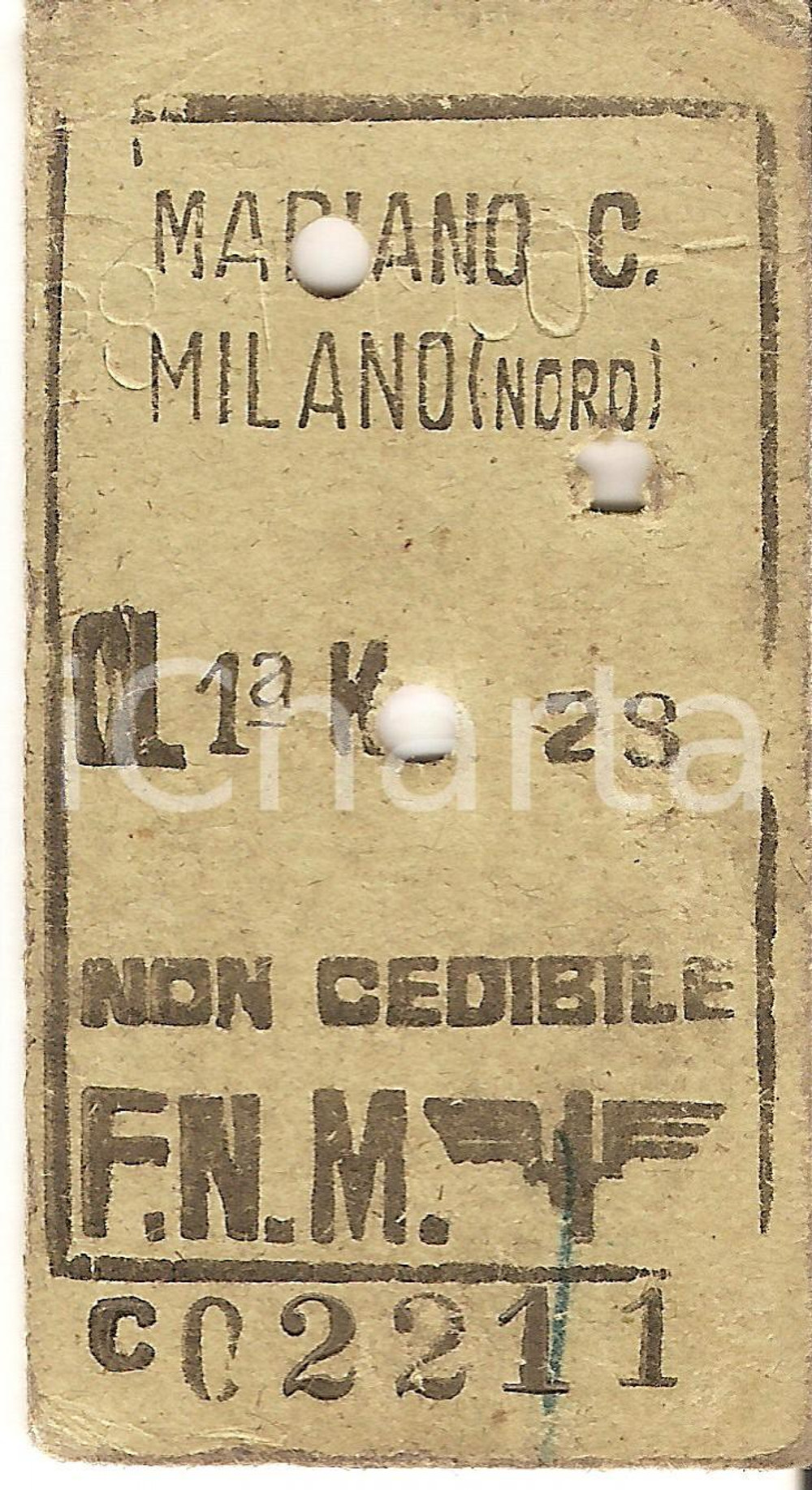 Documento originale, autentico 1950 ca MARIANO COMENSE (CO) FNM Biglietto ferroviario per MILANO CENTRALE 1