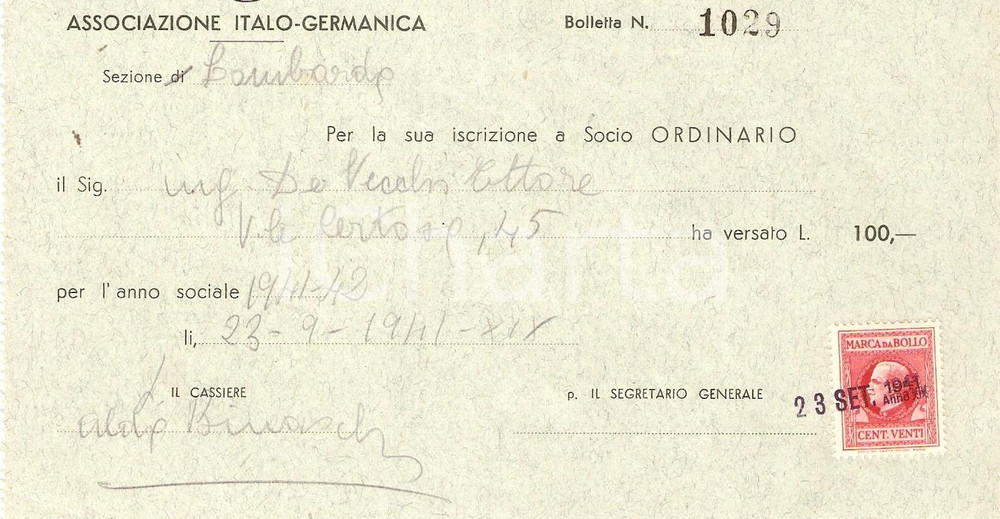 Documento originale, autentico 1941 ASSOCIAZIONE ITALO GERMANICA Sezione Lombardia Ricevuta quota associativa 1