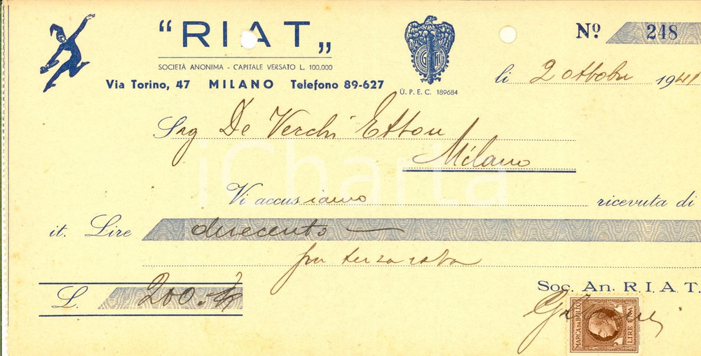 Documento originale, autentico 1941 MILANO SocietÃ  Anonima RIAT  Ricevuta pubblicitaria con bollo 3 1