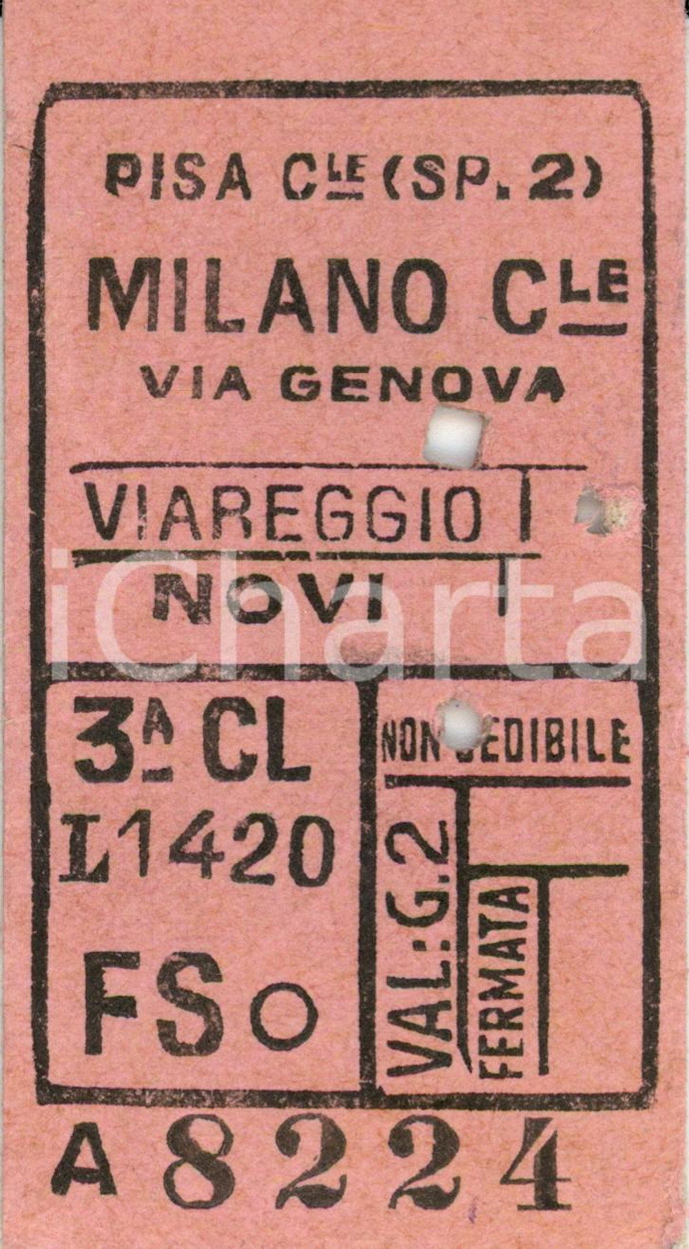 Documento originale, autentico 1951 PISA CENTRALE FF. SS. Biglietto ferroviario MILANO CENTRALE via VIAREGGIO 1
