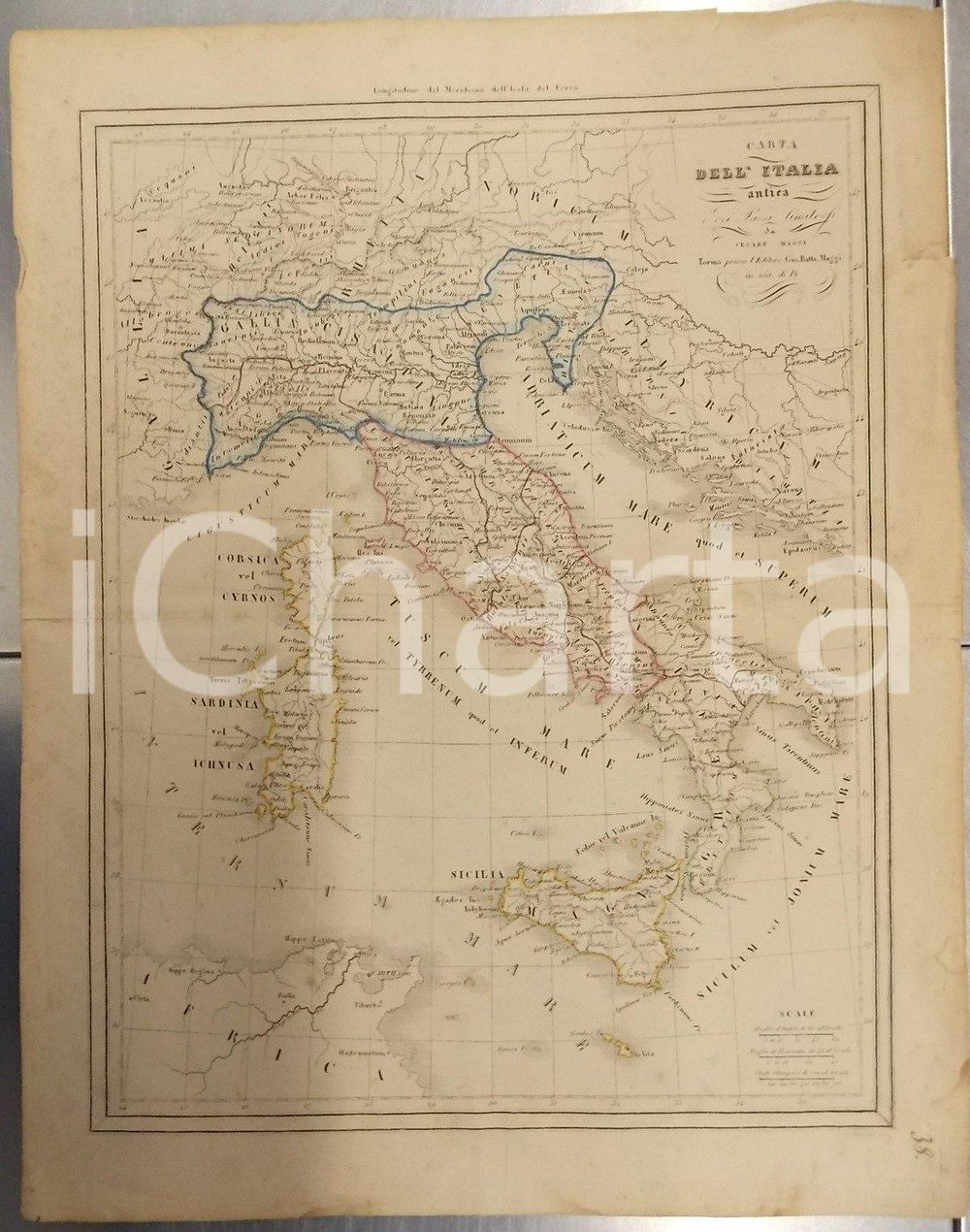 Stampa, bozzetto originale 1865 ca TORINO Atlante universale  ITALIA ANTICA e paesi limitrofi Ed. MAGGI 1