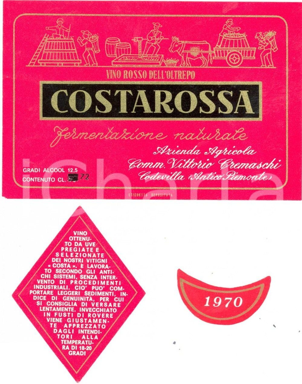 Materiale pubblicitario d’epoca 1970 ca CODEVILLA PV COSTAROSSA Vino rosso OLTREPO CREMASCHI ILLUSTRATA Adesivi 1