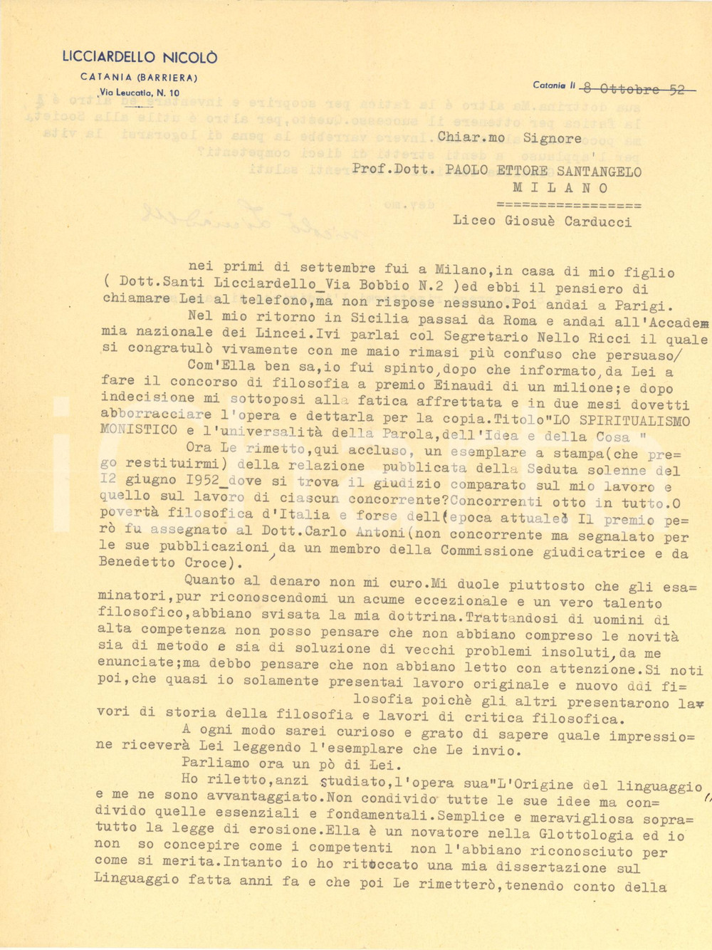 Autografo originale 1952 CATANIA BARRIERA Filosofo Nicolò LICCIARDELLO incompreso da Giuria EINAUDI 1