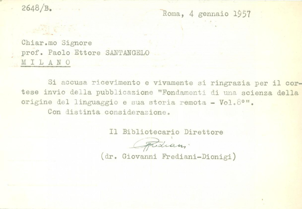 Autografo originale 1957 ROMA Giovanni FREDIANI DIONIGI Direttore Biblioteca LINCEI AUTOGRAFO 1