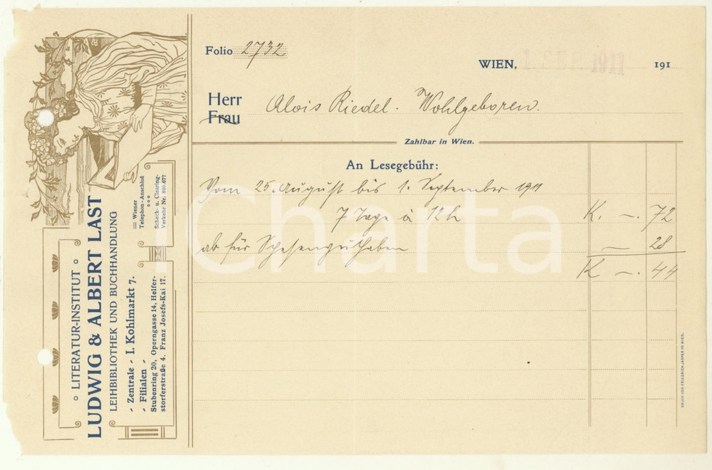 Documento originale, autentico 1911 WIEN Leihbibliothek u. Buchhandlung LUDWIG & ALBERT LAST Fattura ILLUSTRATA 1
