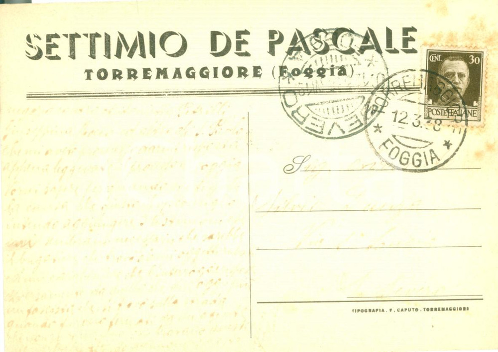 Cartolina originale da collezione 1938 TORREMAGGIORE (FG) Settimio DE PASCALE *Cartolina intestata 1