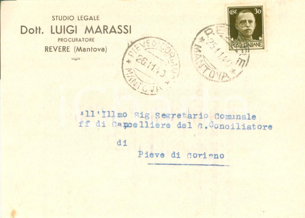 Cartolina originale da collezione 1940 REVERE (MN) Procuratore Luigi MARASSI Studio Legale *Cartolina intestata 1