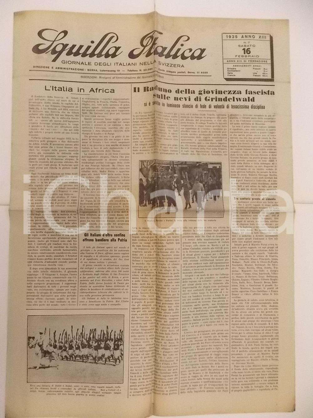 Giornale, rivista storica 1935 SQUILLA ITALICA Raduno Giovinezza fascista nelle nevi di GRINDELWALD 1