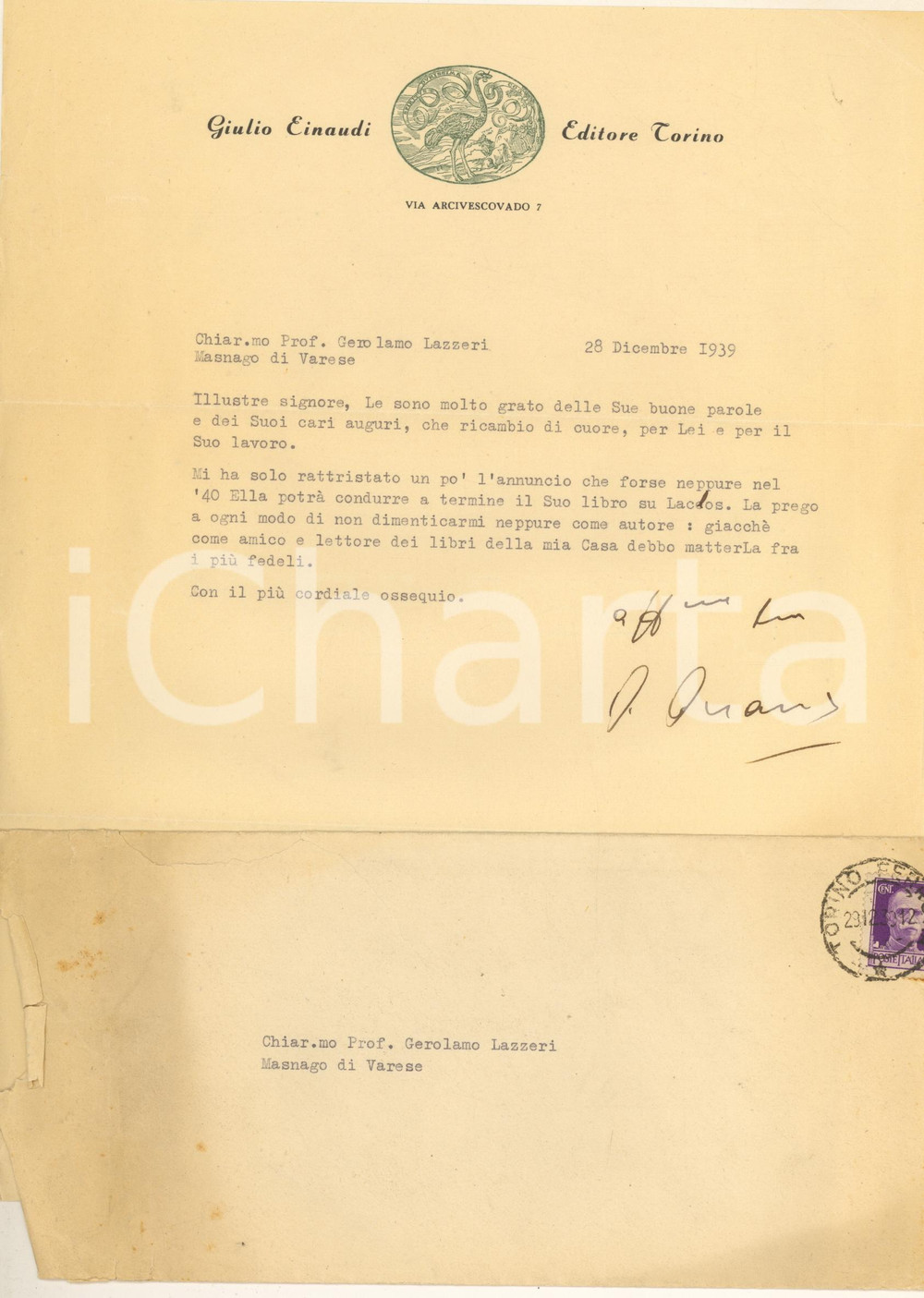 Autografo originale 1939 TORINO Lettera Giulio EINAUDI a Gerolamo LAZZERI per libro LACLOS Autografo 1