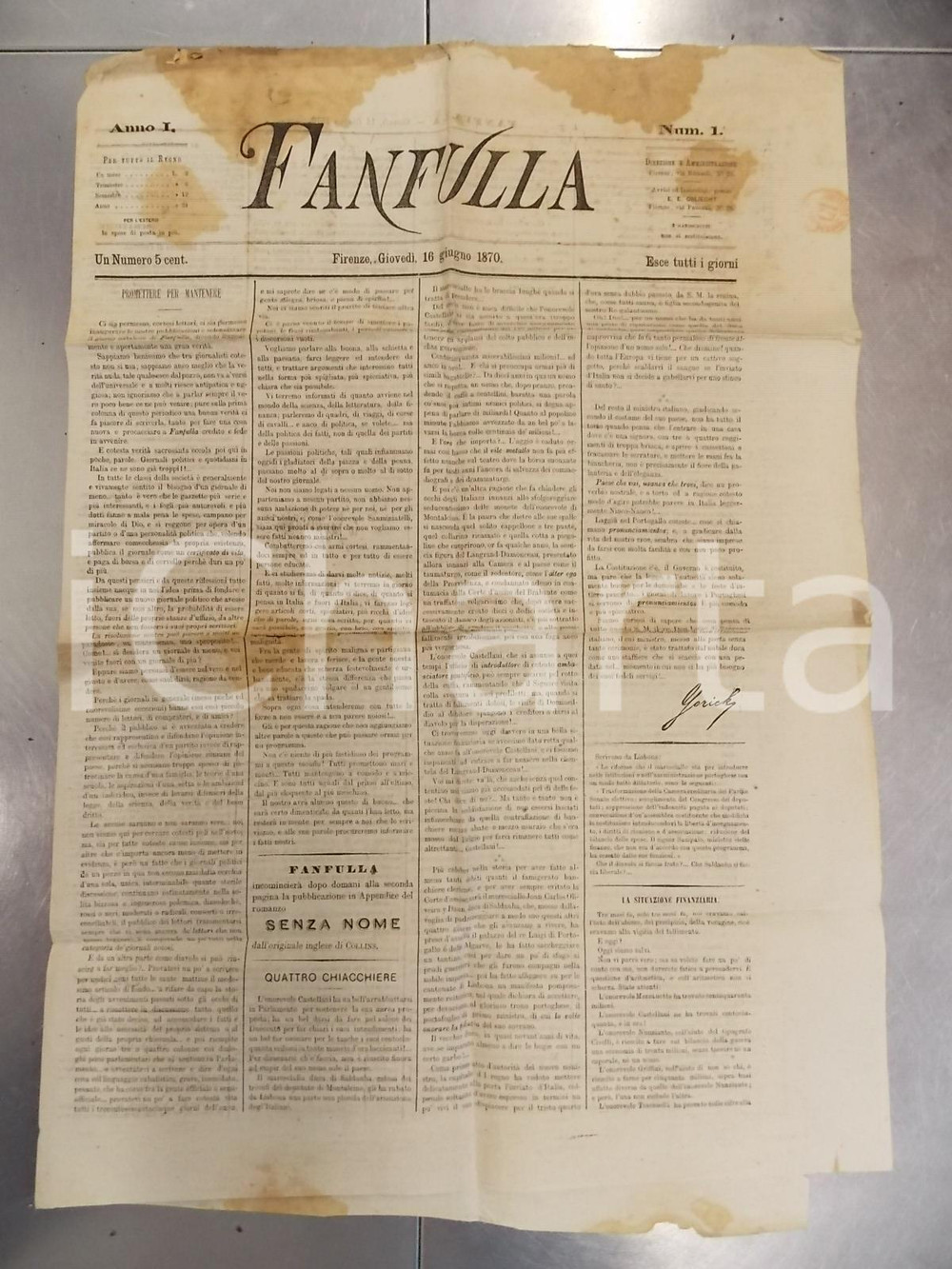 Giornale, rivista storica 1870 FIRENZE Giornale FANFULLA l'unico a parlare alla paesana PRIMO NUMERO 1