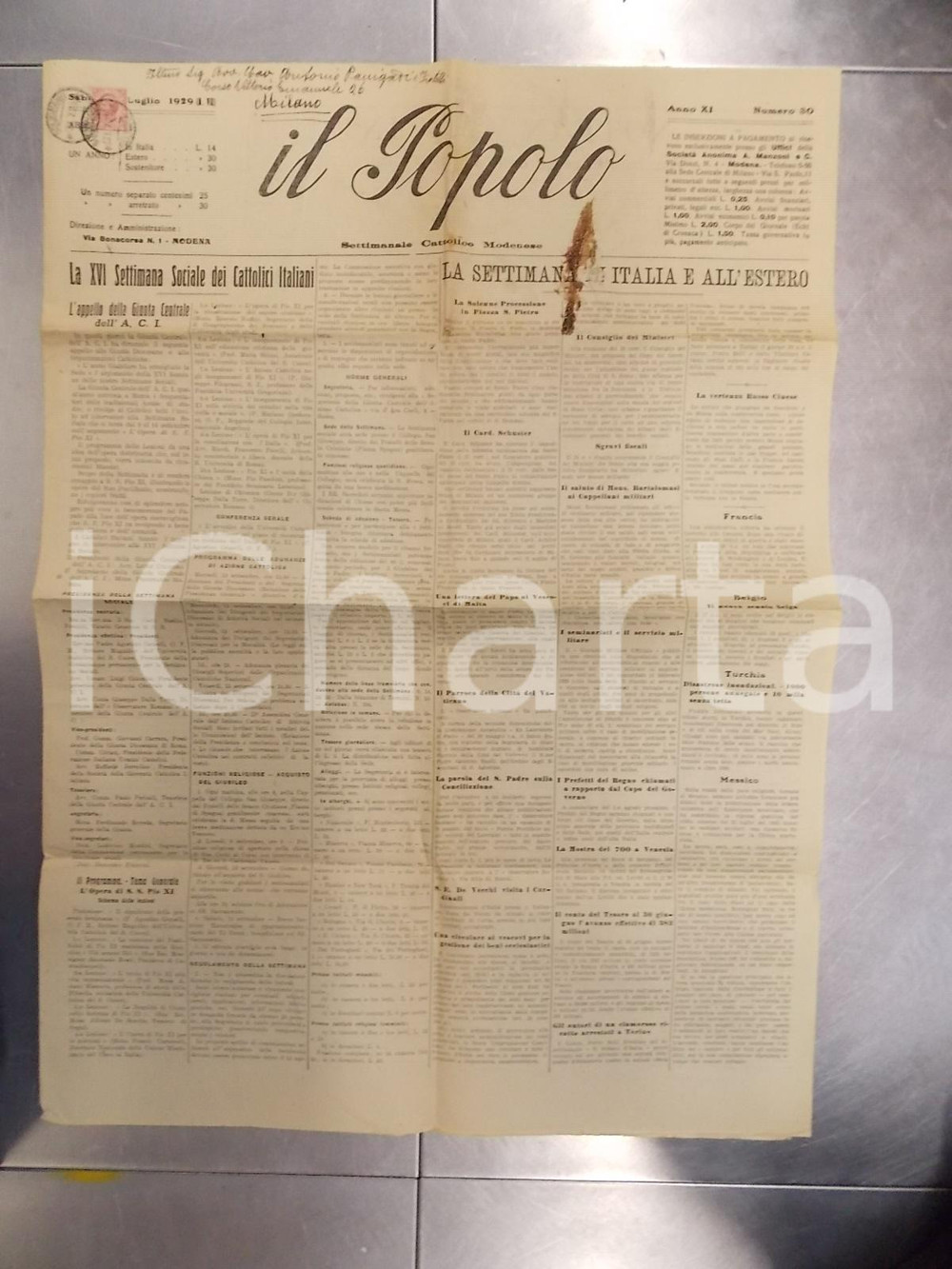 Giornale, rivista storica 1929 MODENA Giornale IL POPOLO L'Azione Cattolica e il Concordato Italiano 1