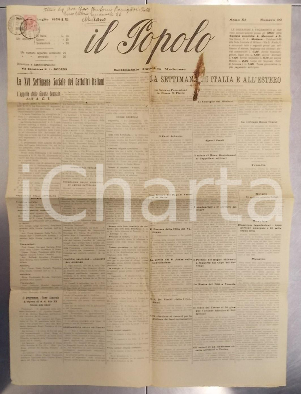Giornale, rivista storica 1929 MODENA Giornale POPOLO XVI Settimana Sociale Cattolici Italiani DANNEGGIATO 1