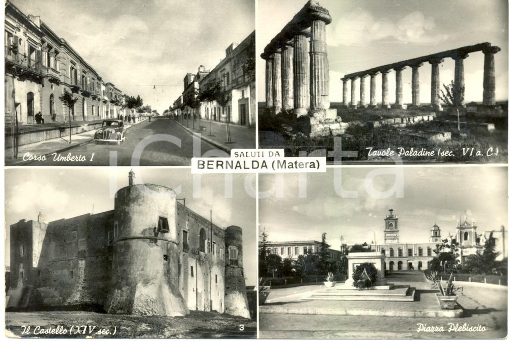Cartolina originale da collezione 1957 BERNALDA MT Vedutine corso UMBERTO I Tavole PALADINE Castello FG VG 1