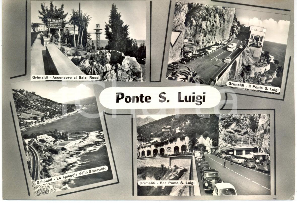 Cartolina originale da collezione 1959 PONTE SAN LUIGI Vedutine ascensore BALZI ROSSI spiaggia SMERALDO FG VG 1